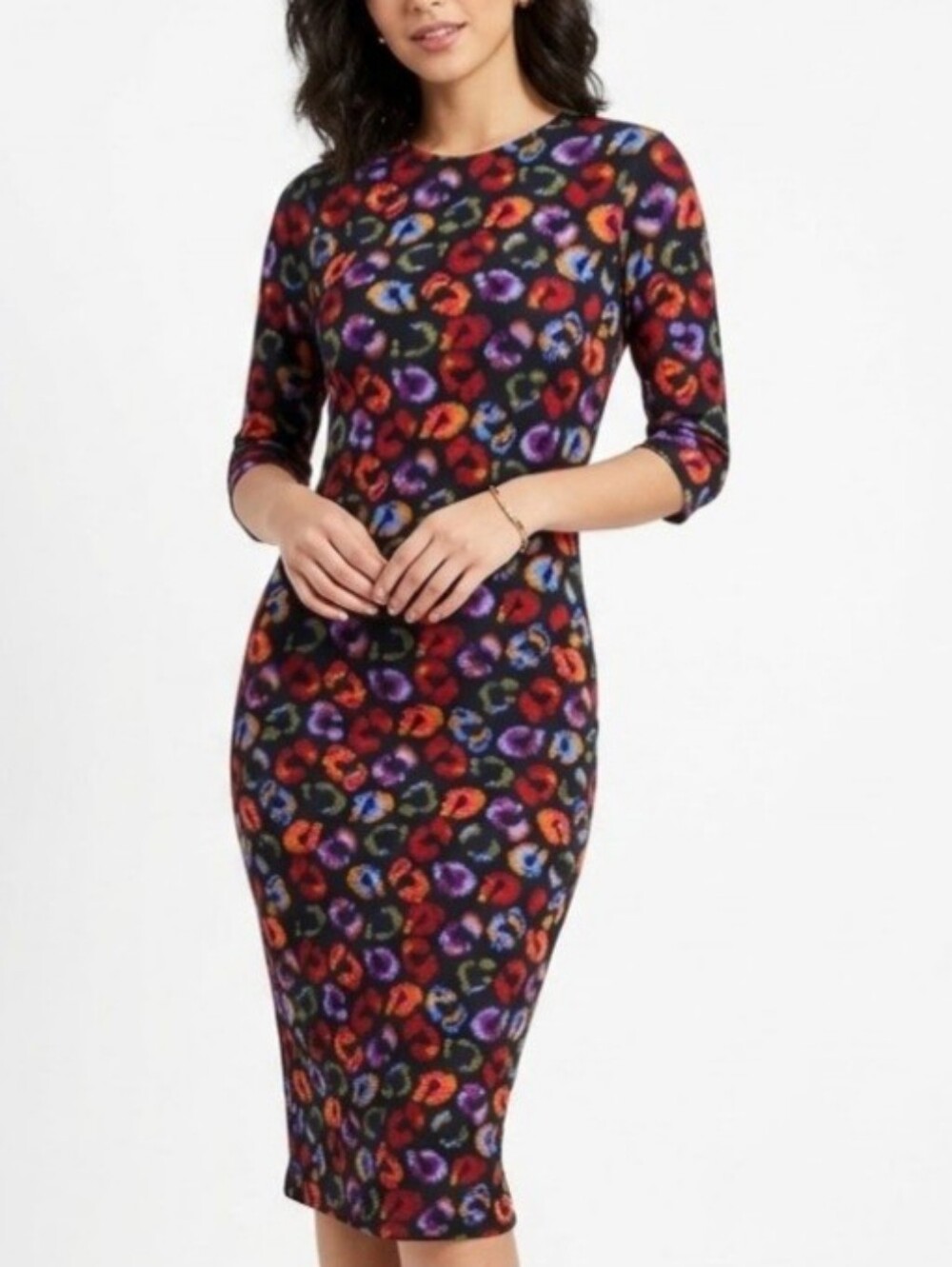 Farm Rio Rainbow Abstract Leopard Print Midi Dress Black Ikat-dyed Size XS